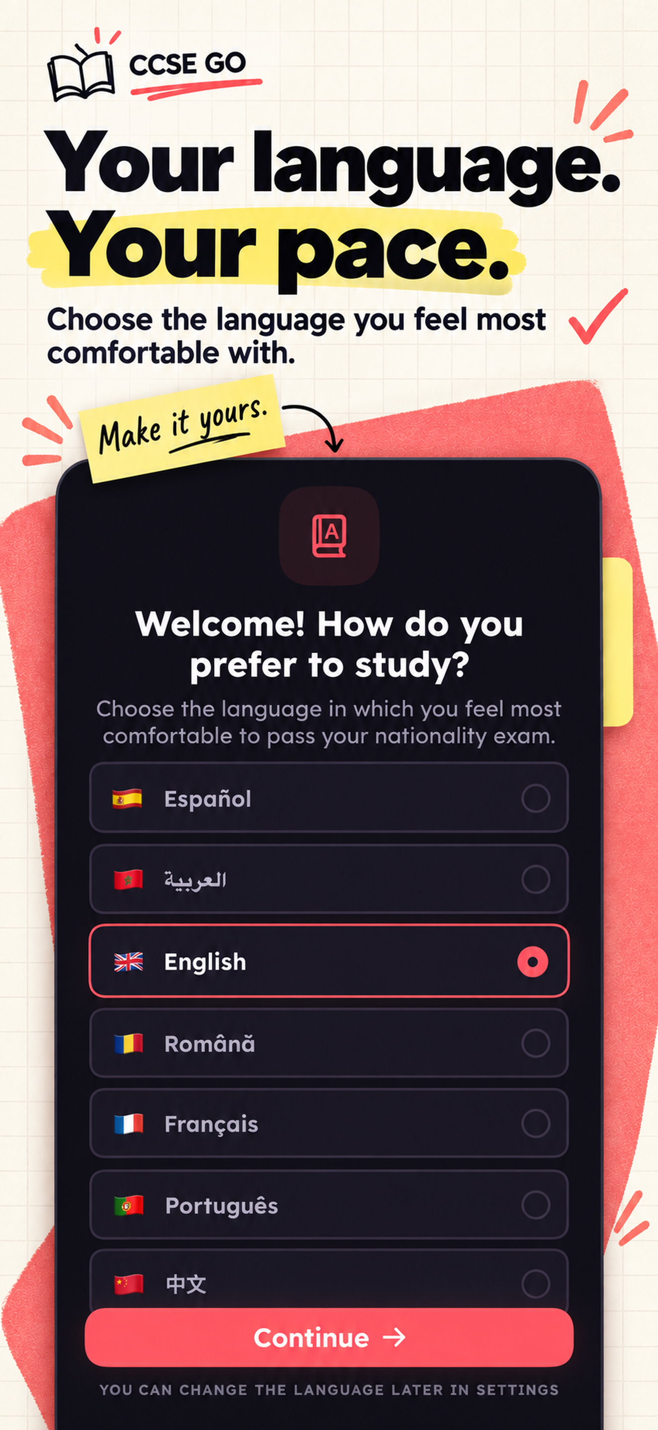 CCSE GO study language selection