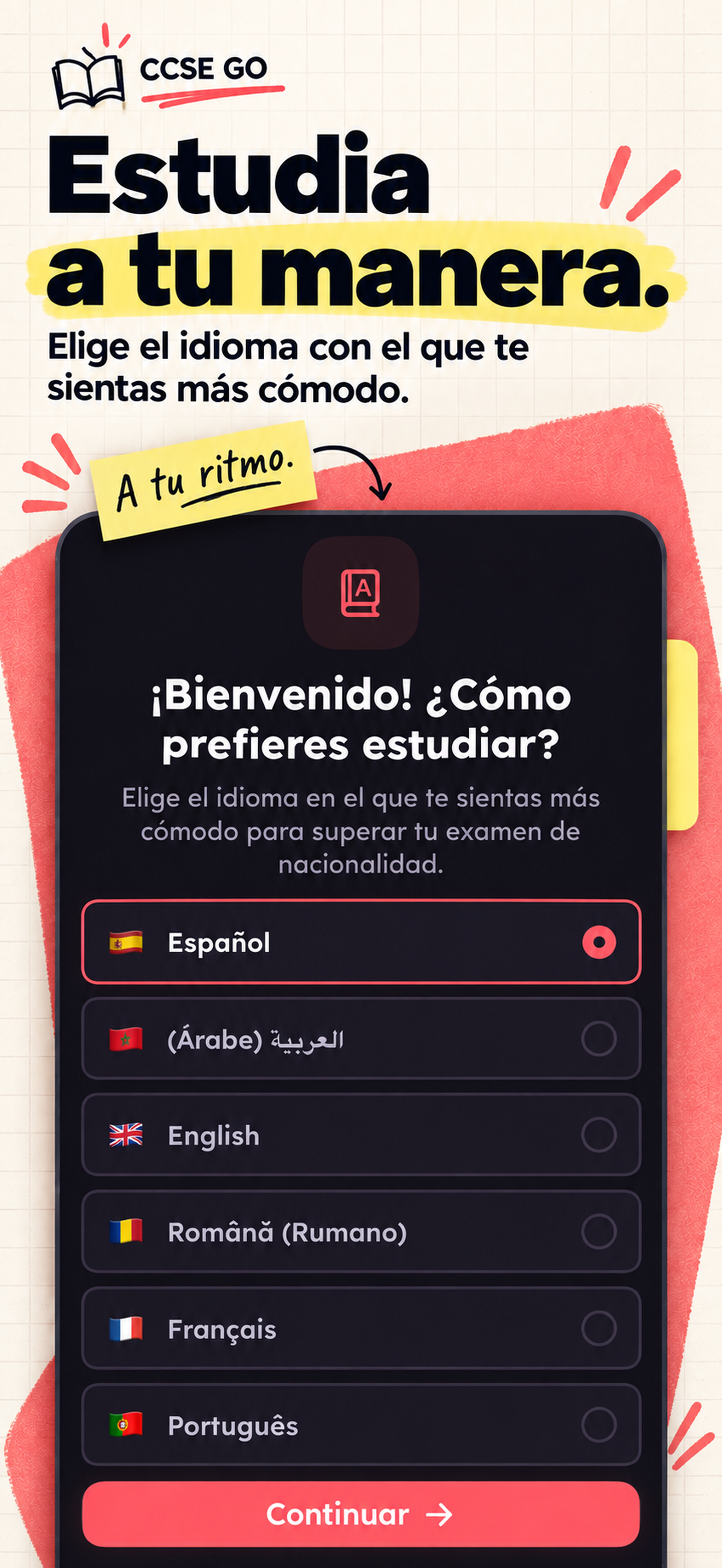 Selección de idioma de estudio en CCSE GO