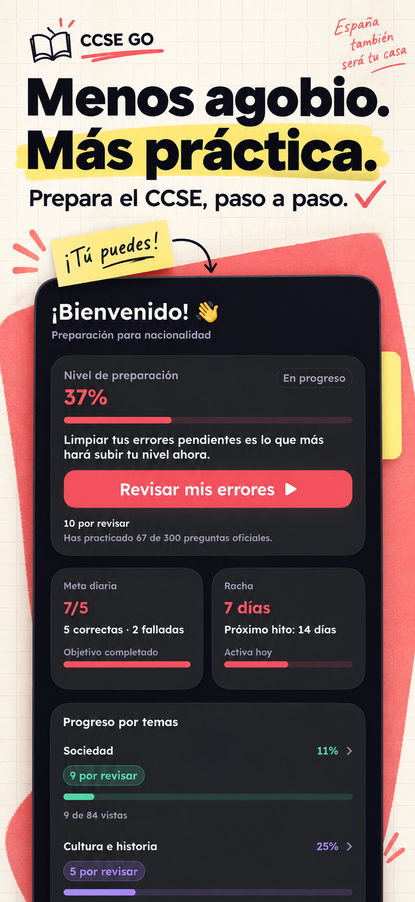 Pantalla de inicio y plan de estudio de CCSE GO
