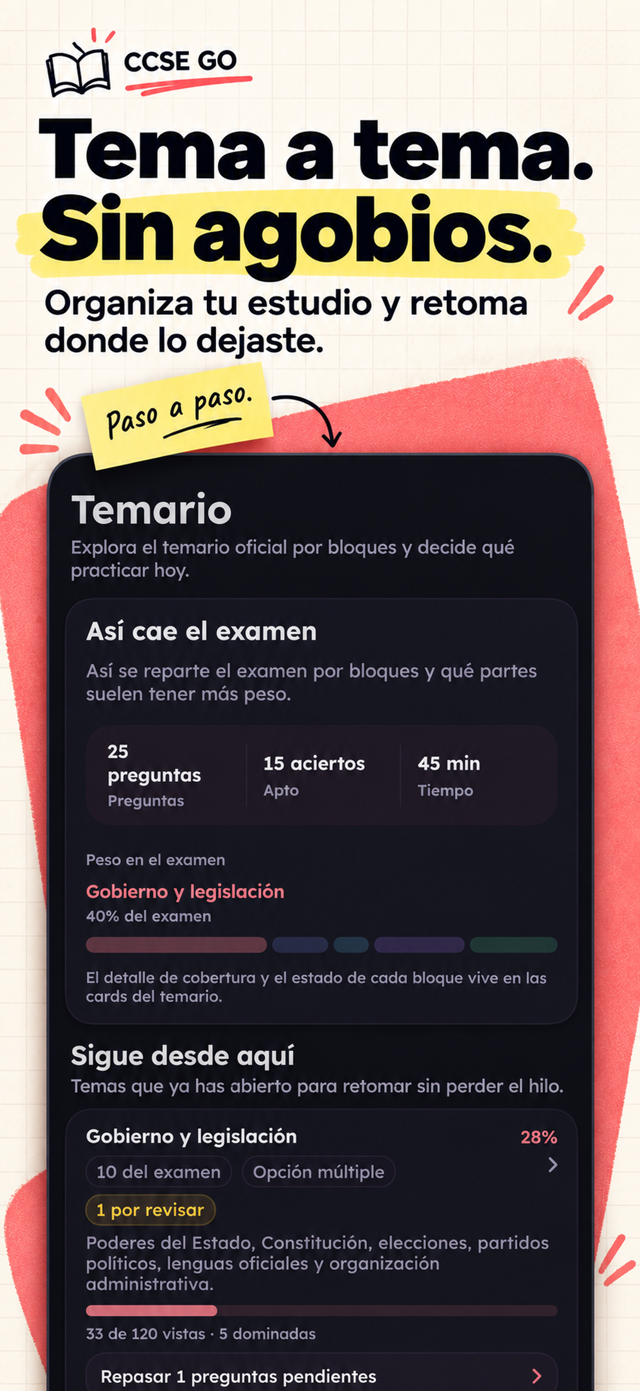 Temario y categorías de estudio de CCSE GO